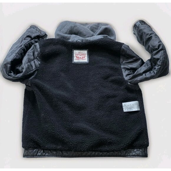 Levi's Trucker Jacket Men L Black Faux Leather LS Hooded Pockets Western Grunge - Picture 12 of 16